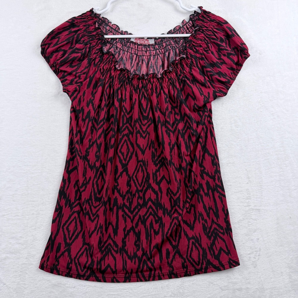 Carol Rose Geometric Ikat Print Stretch Top Red Black Boho No Size Tag